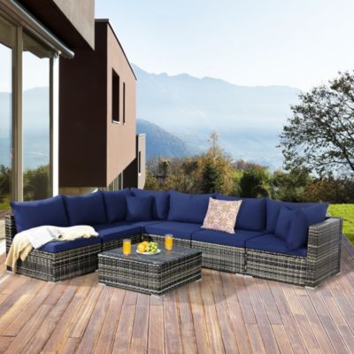 7PCS Patio Rattan Furniture Set Sectional Sofa Garden