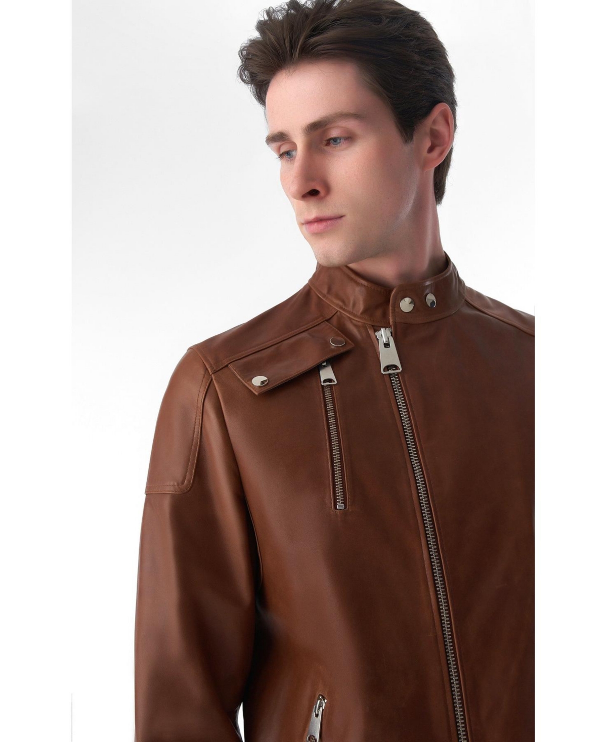 Furniq Uk Men's Genuine Leather Snap Detail Jacket, Antique- Tan