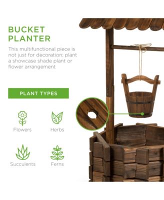 Rustic Wooden Wishing Well Planter Outdoor Home Decor for Patio, Garden, Yard w/ Hanging Bucket