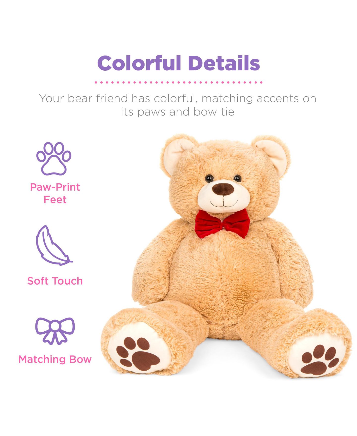 Детская мягкая игрушка Best Choice Products 35in Giant Soft Plush Teddy Bear Stuffed Animal Toy w/ Bow Tie, Footprints, цвет: Коричневый — фото 4