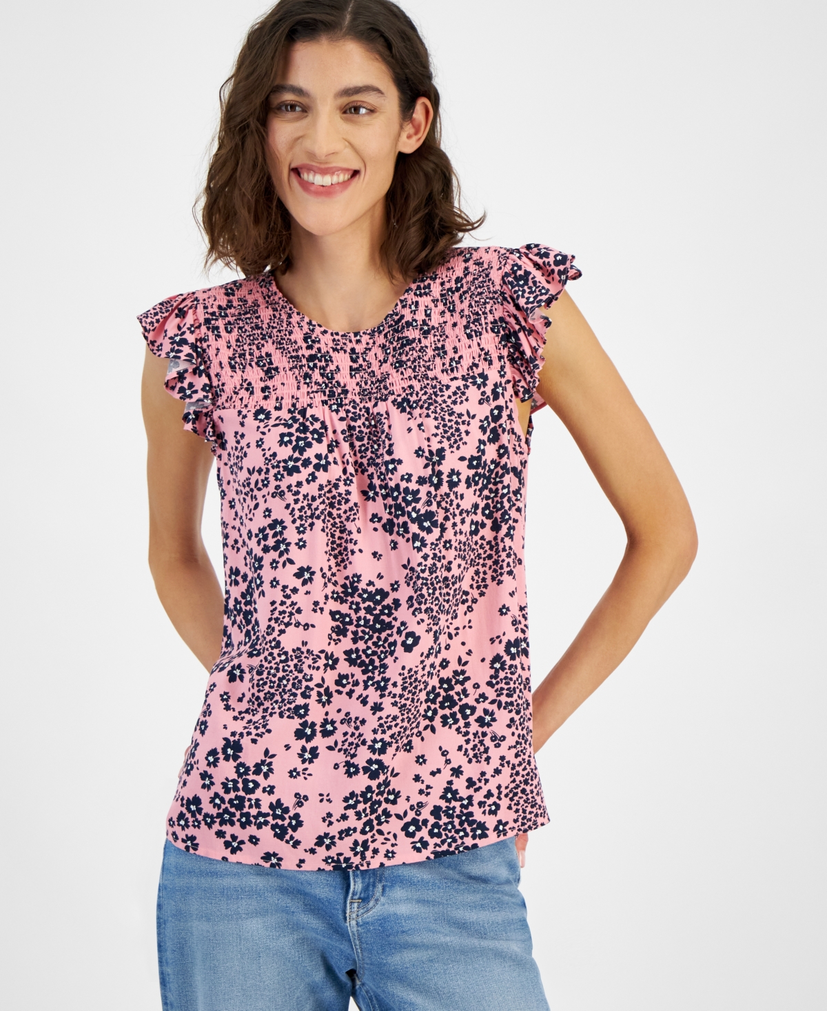 Tommy Hilfiger Women's Floral Pintuck Fluter-Sleeve Top