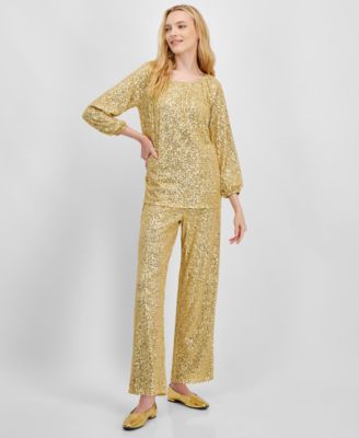 Womens Boat Neck Sequin Top Pull On Pants Created For Macys