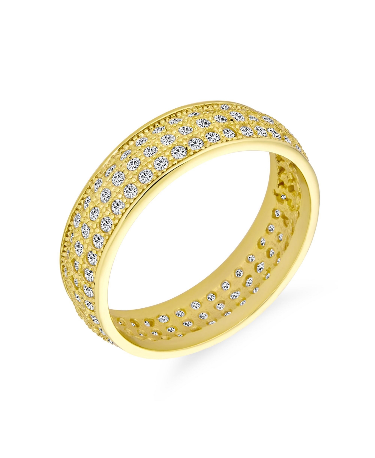 Bling Jewelry Classic Traditional 3 Row Micro Pave Cubic Zirconia Cz Eternity Band Ring For Women Yellow Gold Plated .925 Sterling Silver 5MM Wide - G