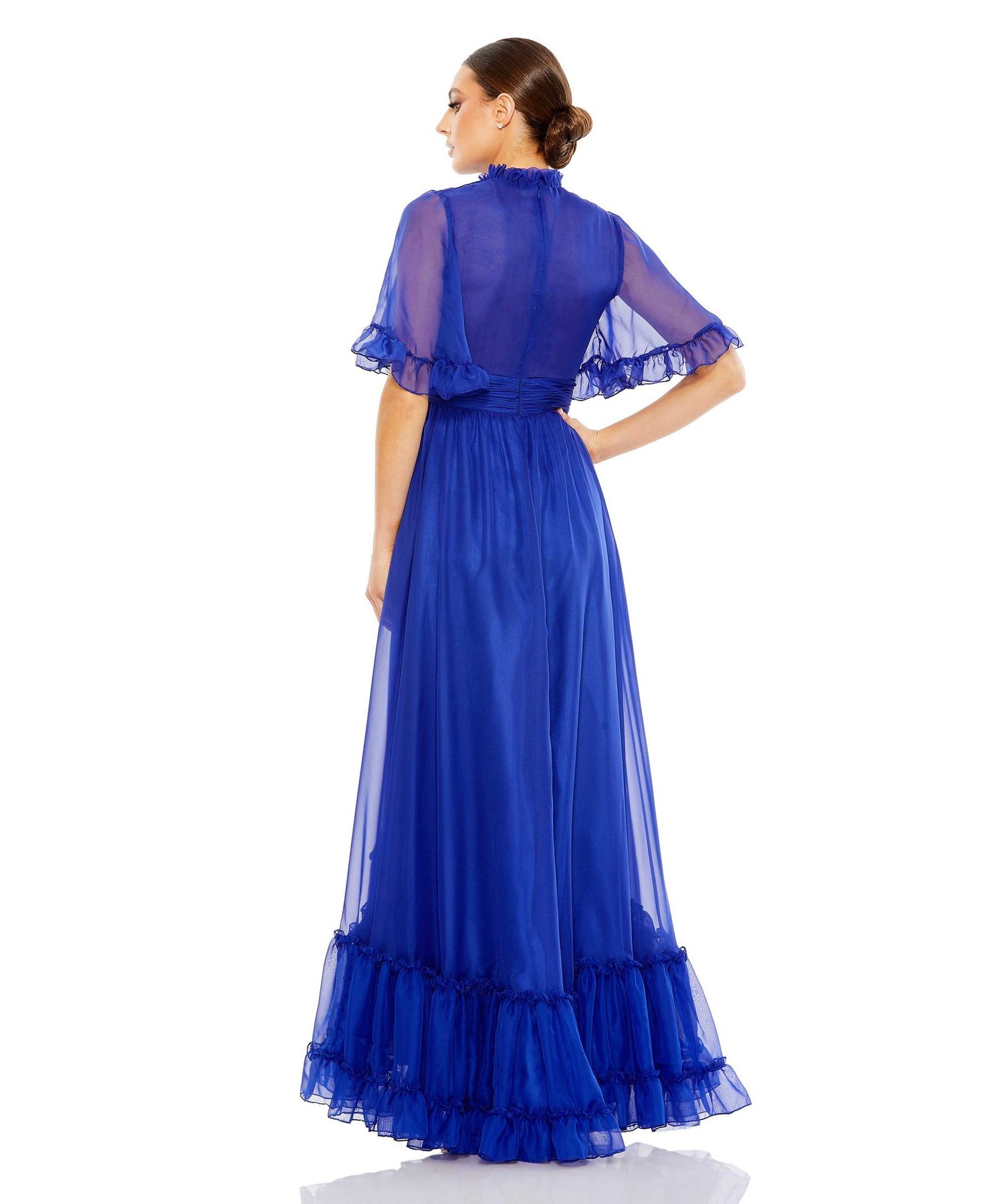 Women's Ruffled High Neck Flutter Sleeve High Low Hem Gown