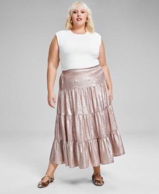 And Now This - Trendy Plus Size Metallic Tiered Skirt