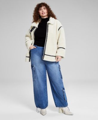 Now This Trendy Plus Size Sherpa Fleece Jacket Mock Neck Sweater Bungee Cuff Cargo Jeans Created For Macys