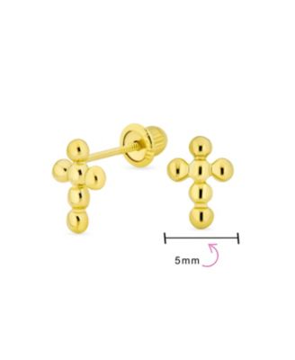 Tiny Minimalist Religious Christian Mini Ball Bubble Cross Stud Earrings 14K Yellow Gold Safety Screw back