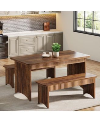 3-Piece Dining Table Set, 55" Dining Room Table with 2 Benches for 4-6 People, Farmhouse Rectangular Dining Room Table Set