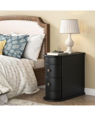 End Table with 2 Drawers, Sofa Side Table with Storage, No Assembly Required, Closed Back, Slim Nightstand Vintage Wood Bedside Table