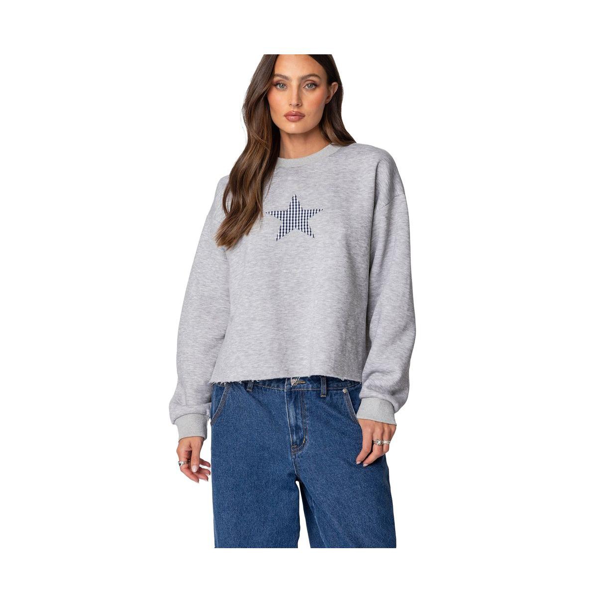 Edikted Womens Gingham Star Sweatshirt - Gray-melange