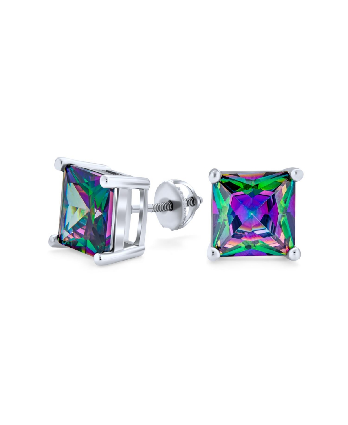 Square Black Mystic Rainbow Cz Stud Earrings .925 Sterling Silver Screw Back - Multi-color