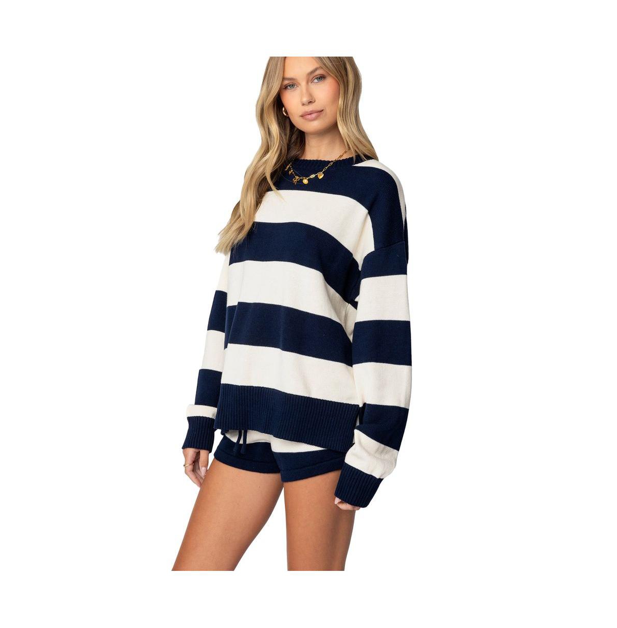 Edikted Women's Riley Oversized Striped Sweater - Navy-and-cream