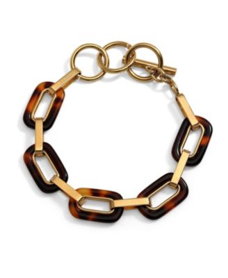 Brown Golden Acrylic Marbled Leopard Tortoise Shell Oval Chain Link Bracelet Yellow Gold Plated Stainless Steel