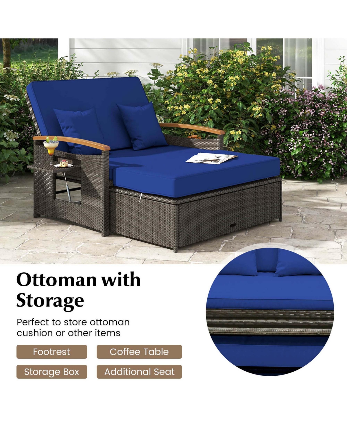 Costway Patio Rattan Daybed Set with Cushioned Loveseat & Storage Ottoman for Porch
