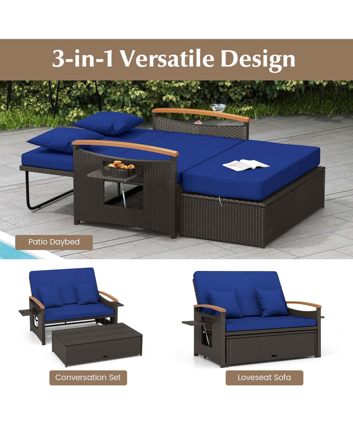 Costway Patio Rattan Daybed Set with Cushioned Loveseat & Storage Ottoman for Porch