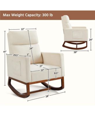 Fabric Upholstered High Back Rocking Chair with Solid Wood Legs, Side Pockets