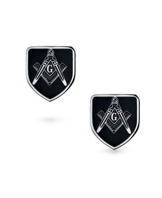 Shield Freemasons Compass Symbol Masonic Cufflinks Black Enamel Two Tone Stainless Steel Hinge Bullet Back