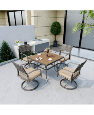 5-Piece Patio Outdoor Dining Set with Square Table and Rattan Swivel Chairs with Green Cushion