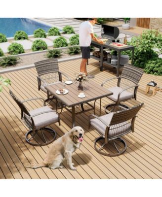 5-Piece Patio Outdoor Dining Set with Square Table and Rattan Swivel Chairs with Green Cushion