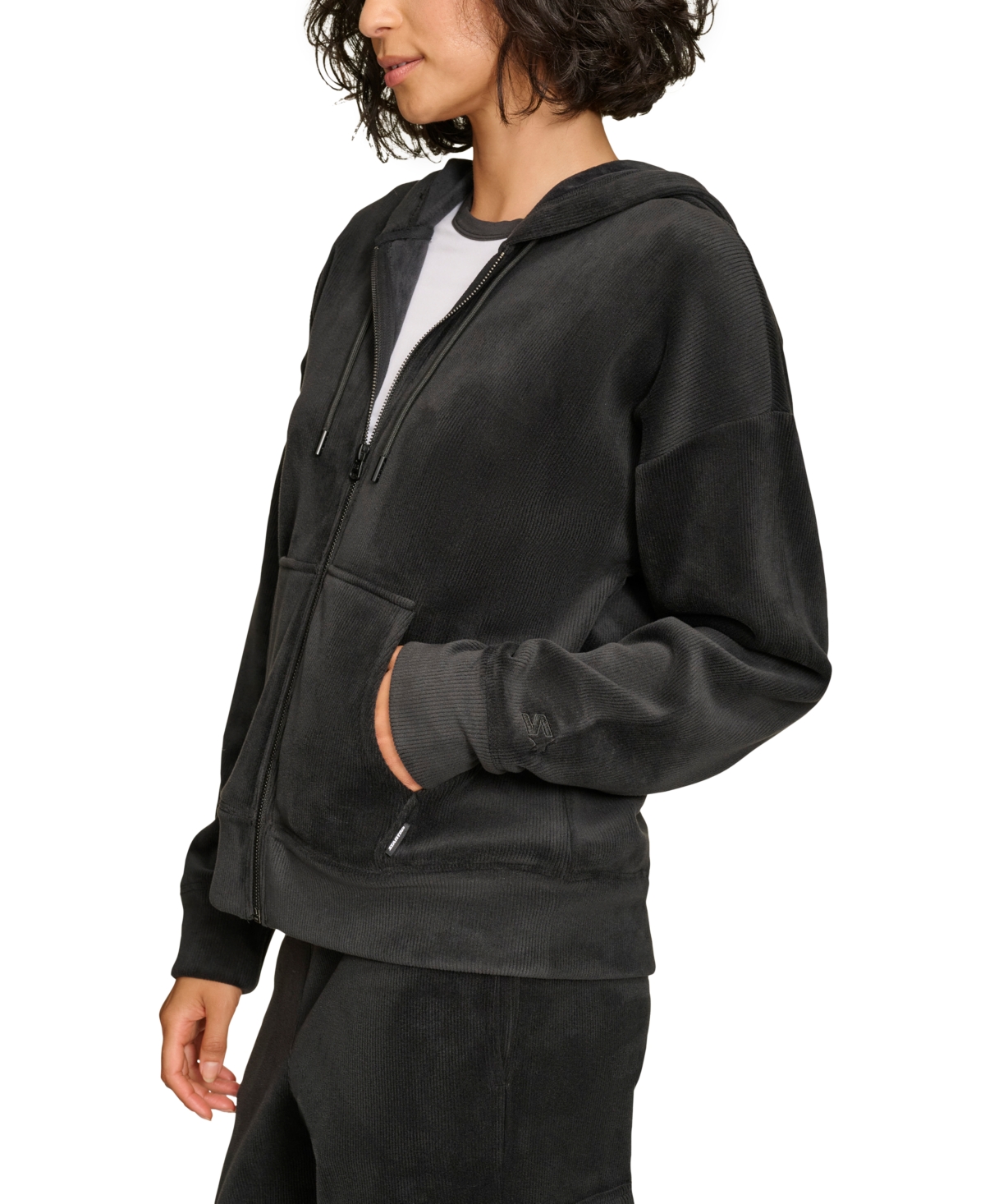 Shop Starter Women's Tech Cord Zip-front Drop-shoulder Hoodie In Black