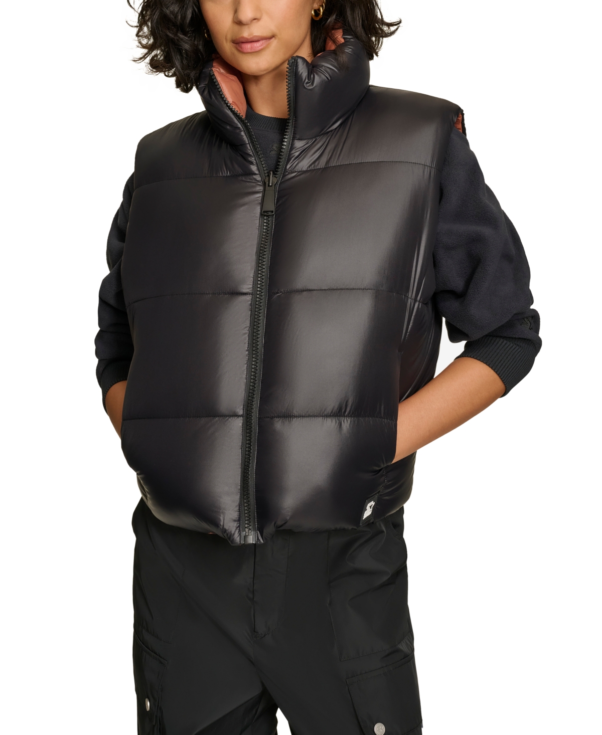 Shop Starter Women's Reversible Zip-front Puffer Vest In Black,tan