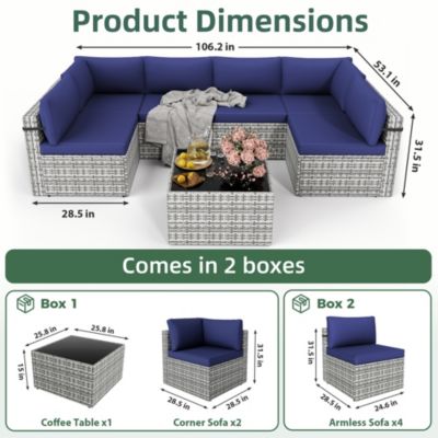 Gray 7-Piece Wicker Outdoor Sectional Set with Coffee Table and Cushions