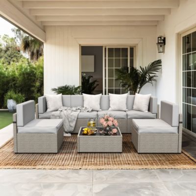 Gray 7-Piece Wicker Outdoor Sectional Set with Coffee Table and Cushions