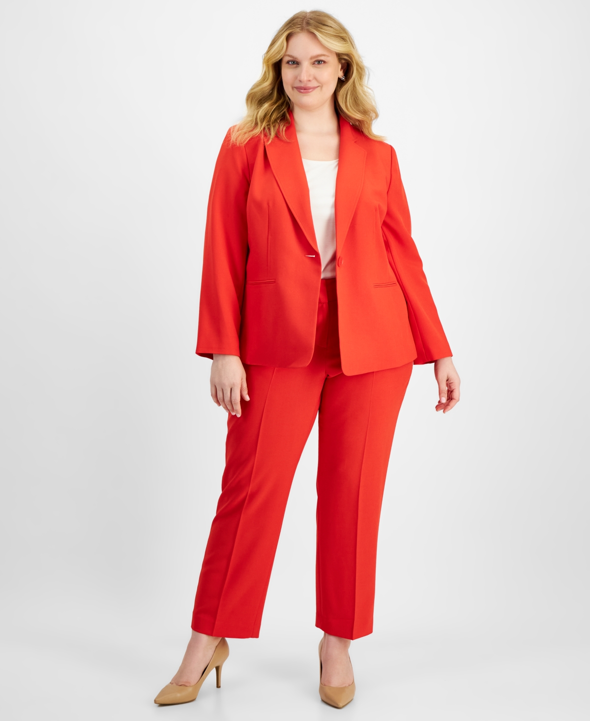Plus Size Single-Button Straight-Leg Pantsuit - Ruby