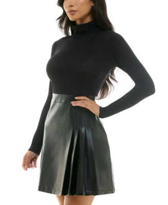 Juniors' Juniors Pleated Faux Leather Skirt Fit & Flare Sweater Dress
