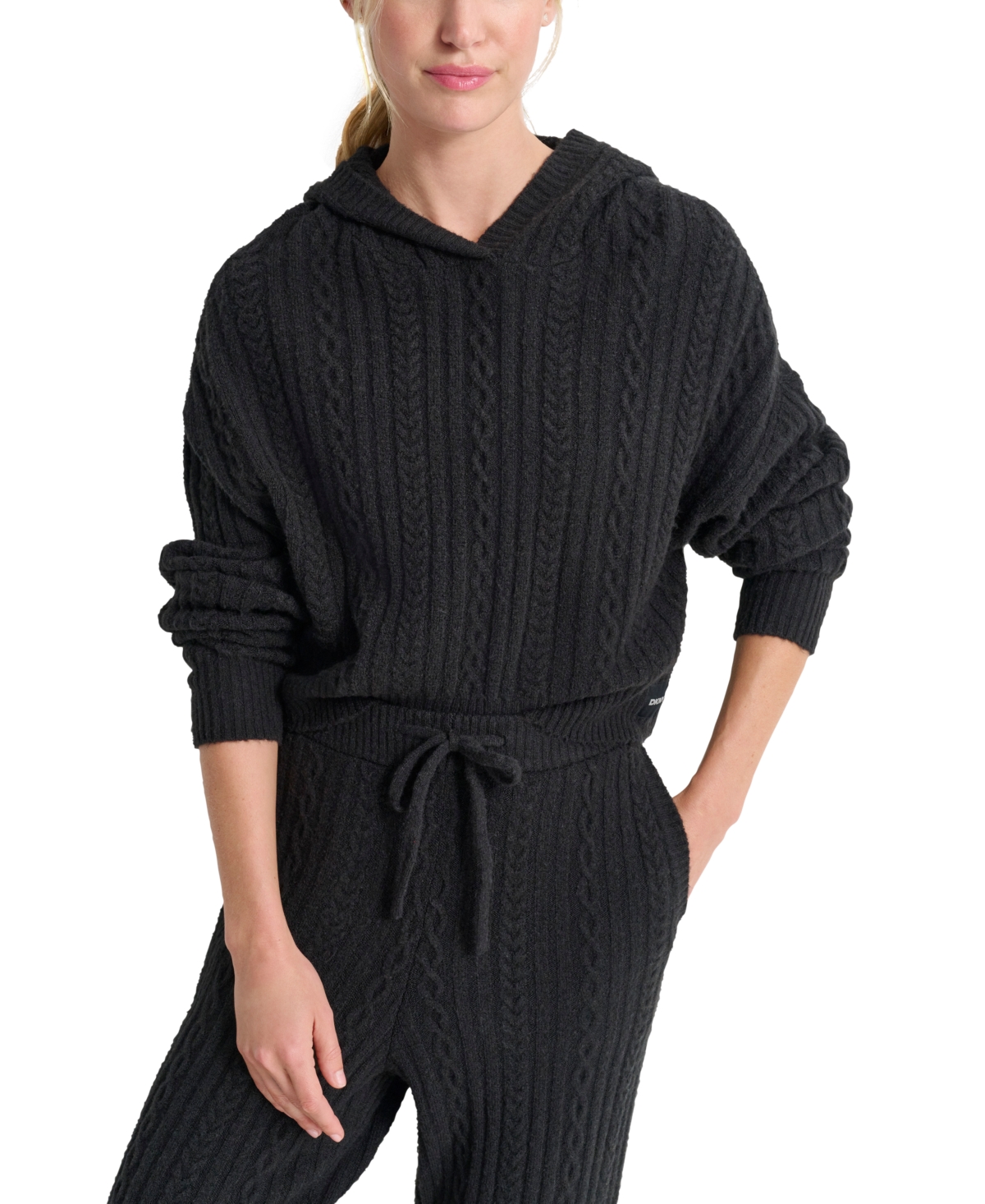 Dkny Cozy Cable Sweater Hoodie In Black