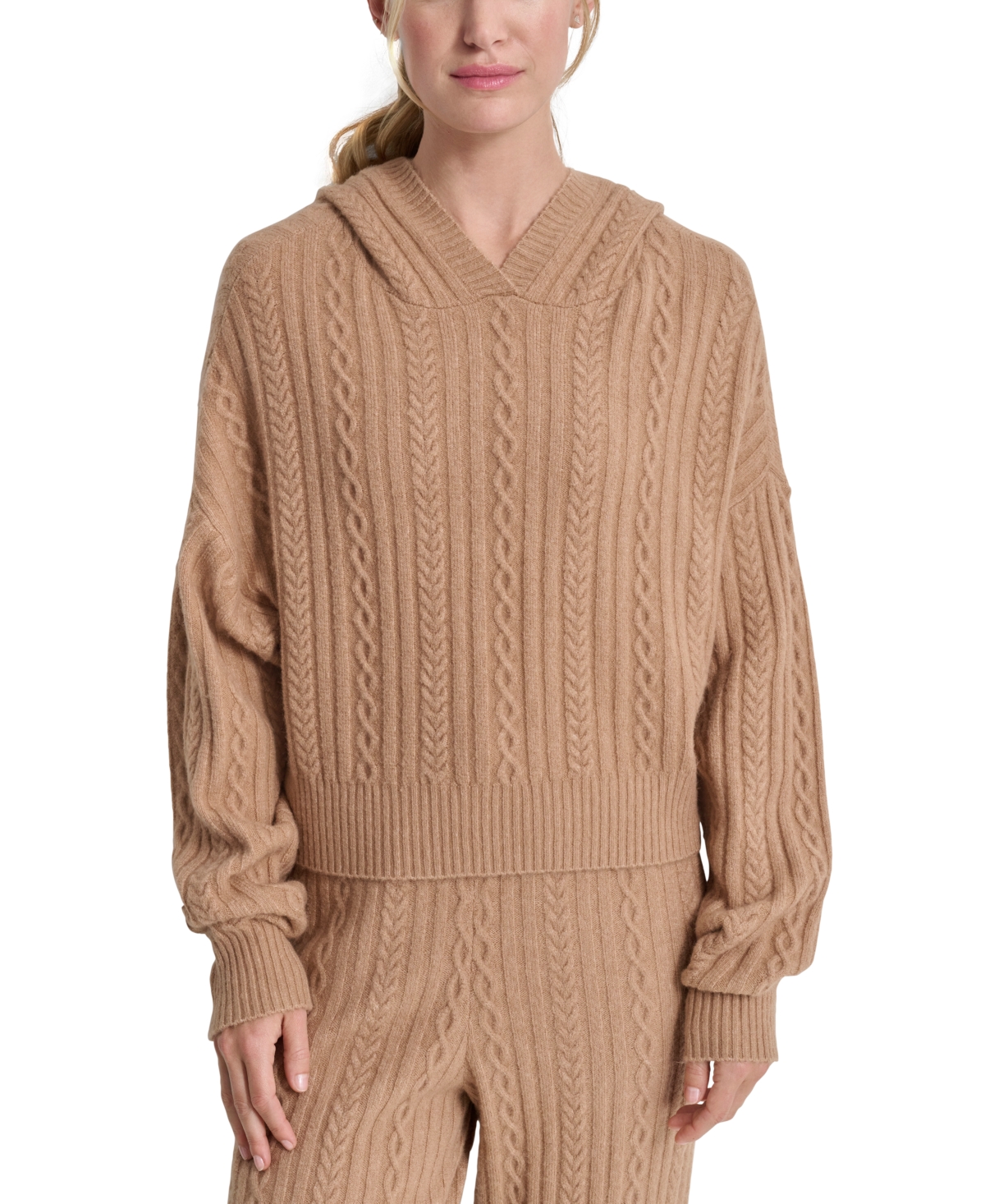 Dkny Sport Women's Cable-knit Pullover Hooded Sweater In Praline