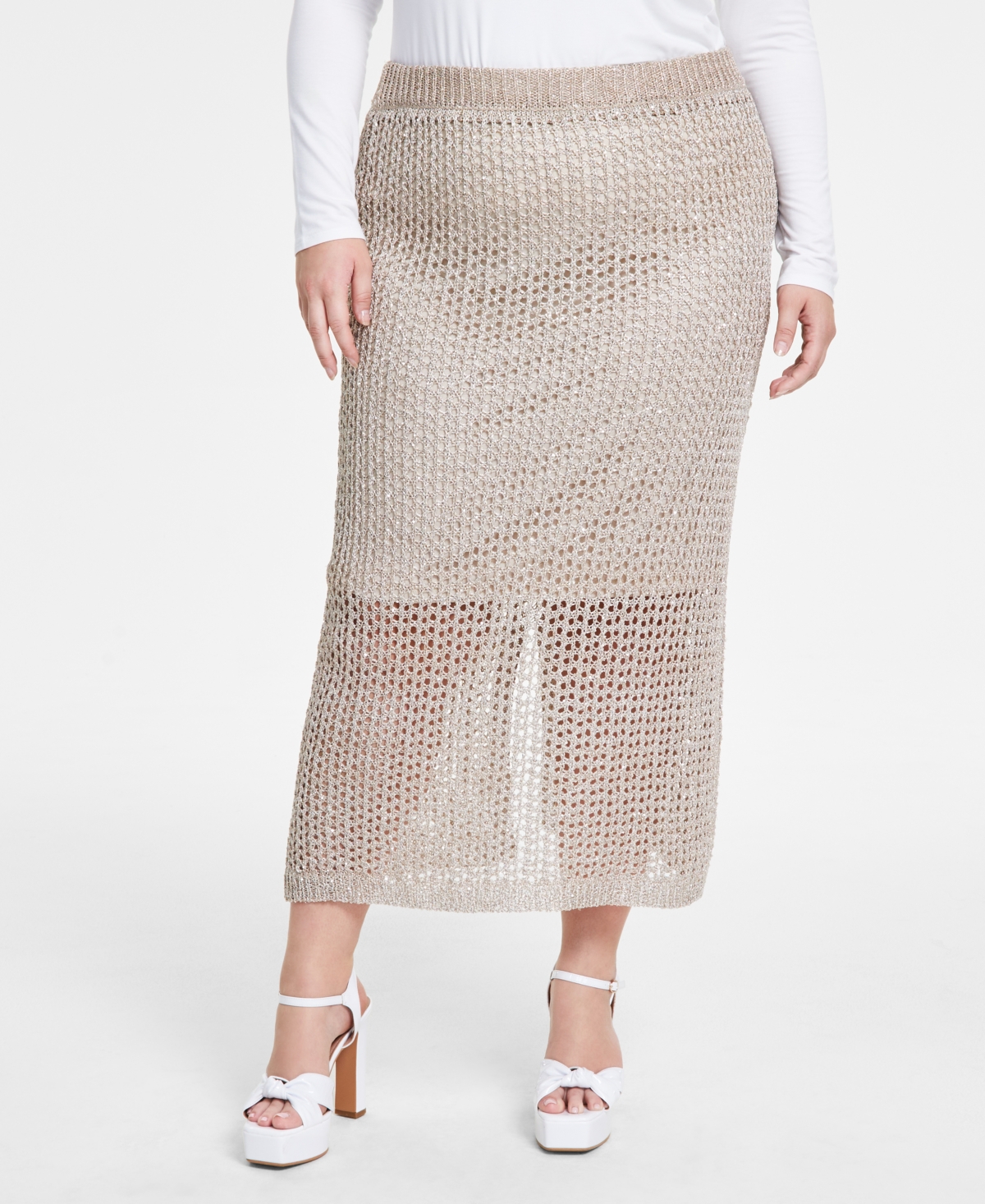 Bar Iii Trendy Plus Size Sparkle Crochet Midi Skirt, Created for Macy's