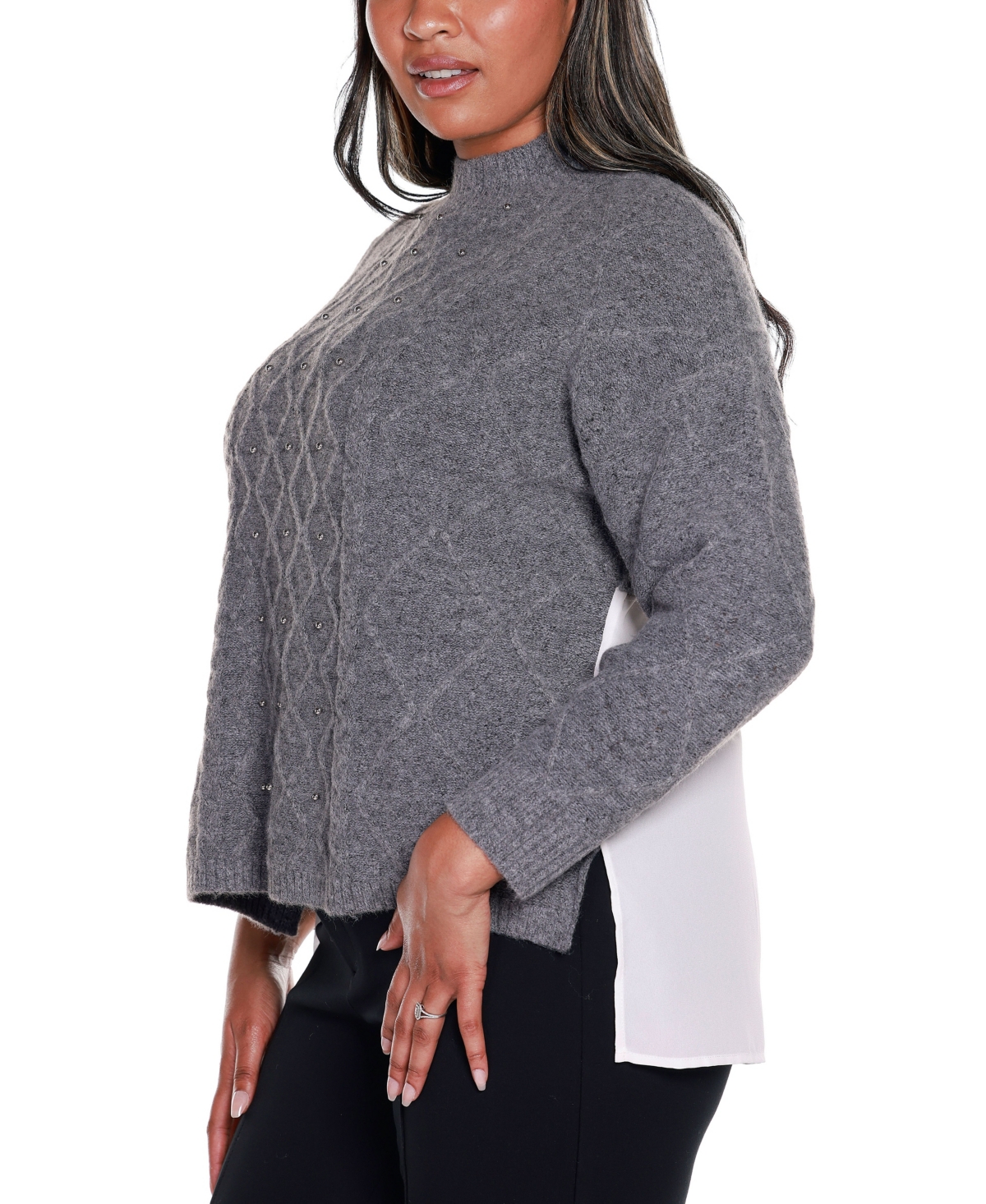 Belldini Black Label Plus Size Chiffon-back Cable Sweater -White