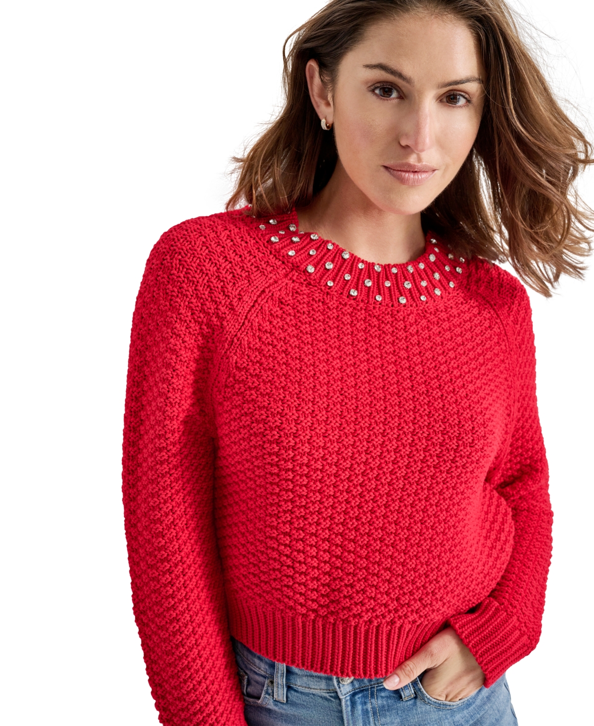 DKNY JEANS PETITE EMBELLISHED MOCK-NECK SWEATER 
