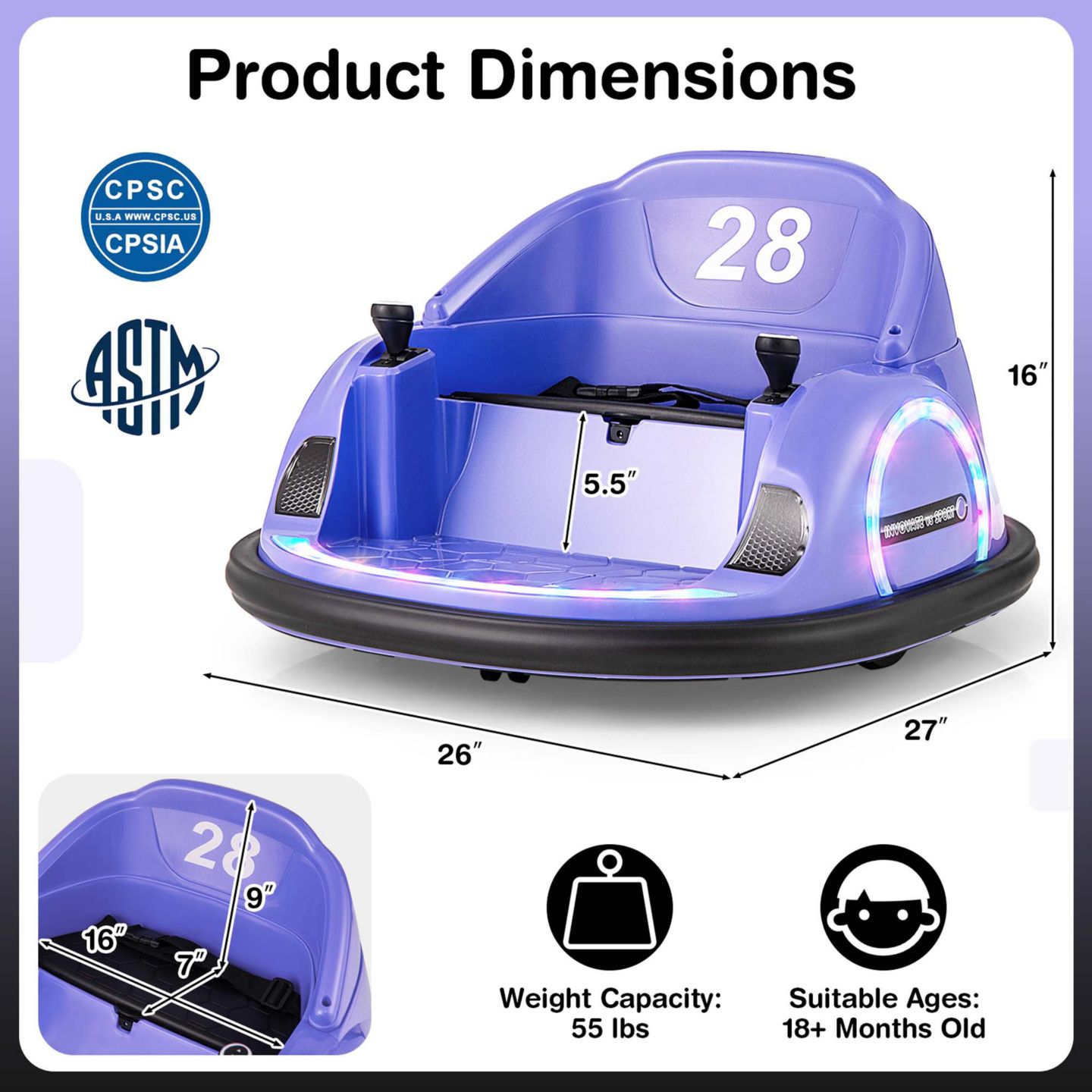 Детская игрушка Costway Electric 360° Spin Bumper Car with Remote Control, 27"L x 26"W x 16"H, 55 lb. Capacity, Ages 18+ Months, цвет: Тёмный фиолетовый — фото 6