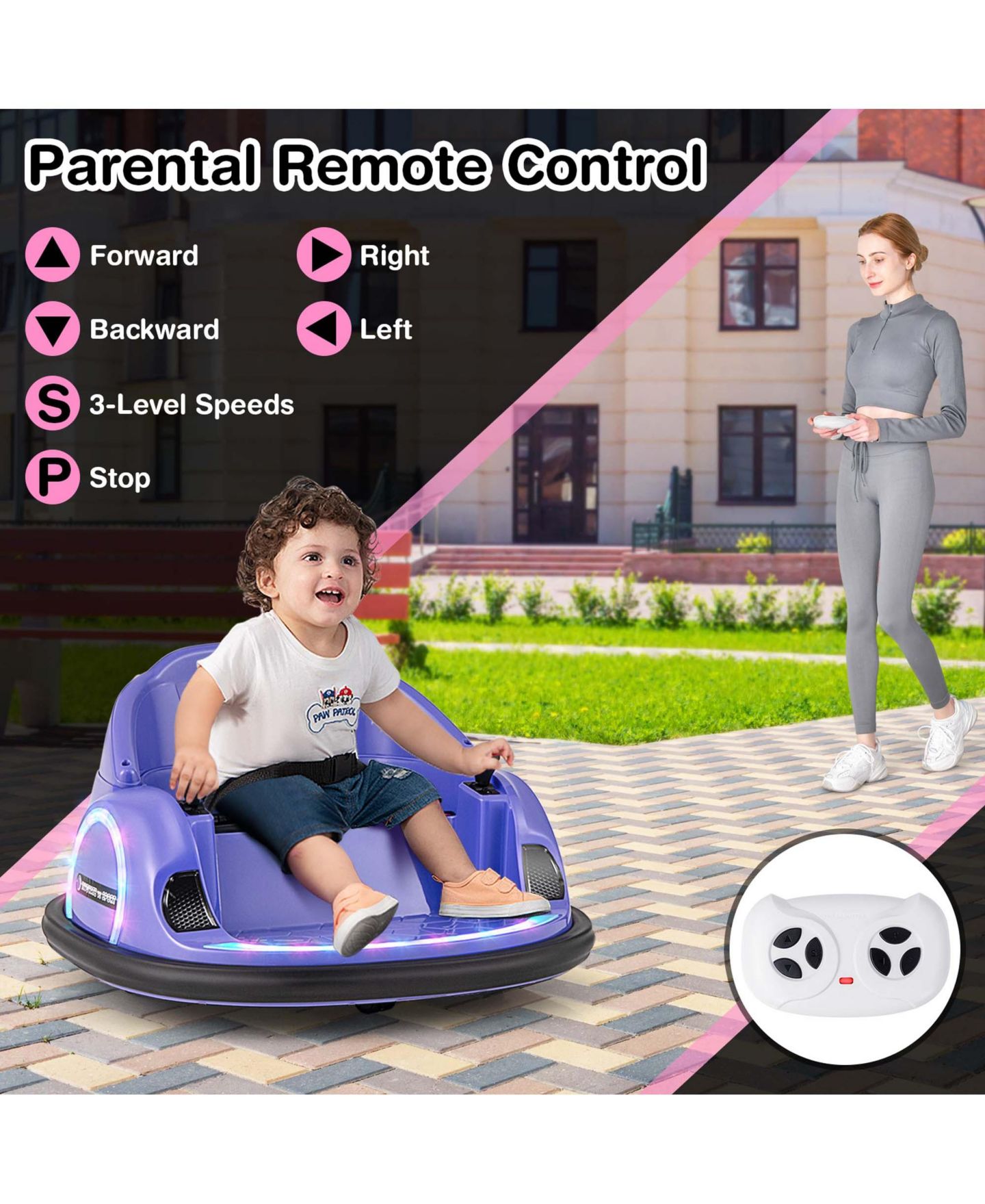 Детская игрушка Costway Electric 360° Spin Bumper Car with Remote Control, 27"L x 26"W x 16"H, 55 lb. Capacity, Ages 18+ Months, цвет: Тёмный фиолетовый — фото 10
