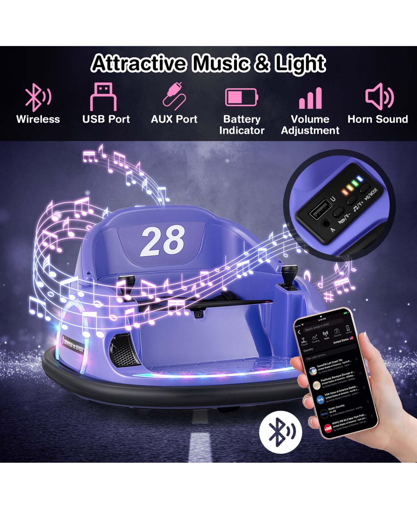 Детская игрушка Costway Electric 360° Spin Bumper Car with Remote Control, 27"L x 26"W x 16"H, 55 lb. Capacity, Ages 18+ Months, цвет: Тёмный фиолетовый — фото 11