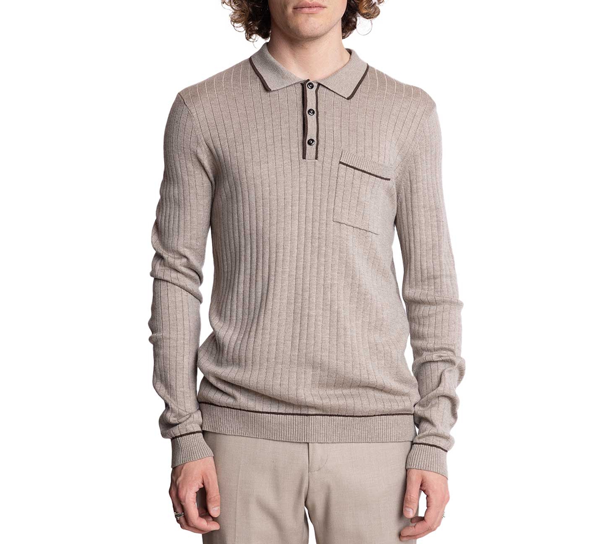 Men's Tipped Long-Sleeve Polo Shirt - Oatmeal