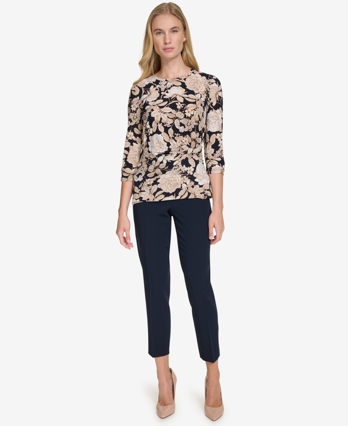Tommy Hilfiger Women's Printed Crewneck Elbow-Sleeve Top -s