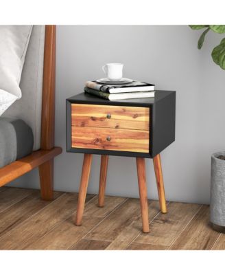 Wooden Nightstand Mid-Century End Side Table Living Room W/2 Storage Drawers