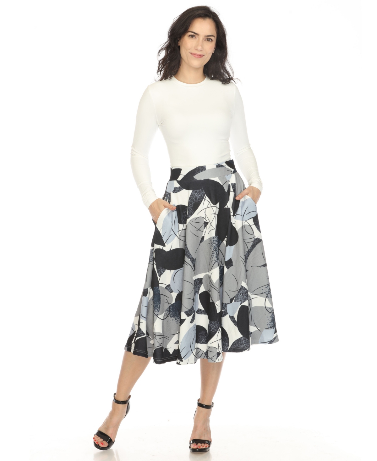 White Mark Women's Leaf Print Vintage Flared Midi Skirt In Navy