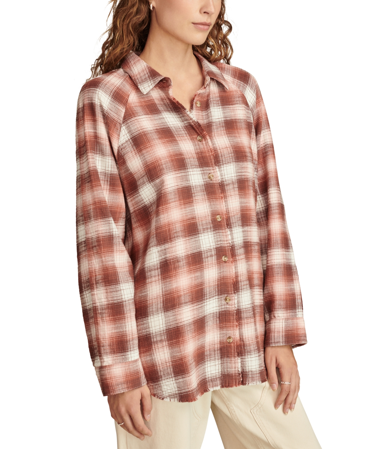 Shop Lucky Brand Women's Plaid Button-down Long-sleeve Tunic Shirt In Brown Plaid