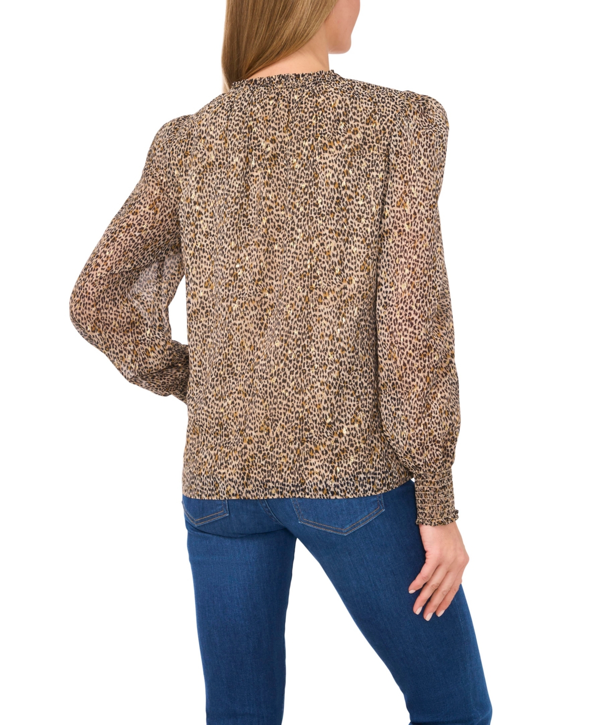CeCe Women's Cheetah Long-Sleeve Smocked Cuff Tie-Neck Top