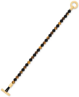Onyx & Tiger Eye Bead Toggle Bracelet in Gold-Tone Ion-Plated Stainless Steel, Created for Macy's (Also available in Onyx & Lapis Lazuli)