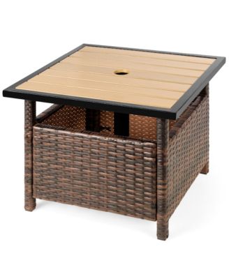 Wicker Rattan Patio Side Table Outdoor Furniture for Garden, Pool, Deck w/ Umbrella Hole