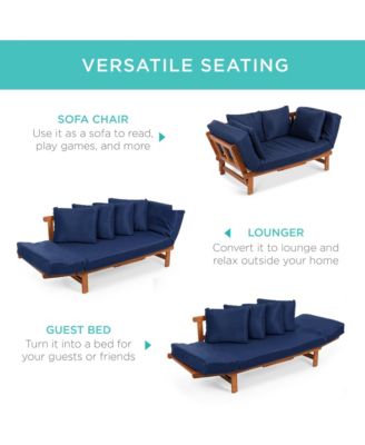 Outdoor Convertible Acacia Wood Futon Sofa w/ Pullout Tray, 4 Pillows, All-Weather Cushion - Navy