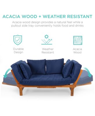 Outdoor Convertible Acacia Wood Futon Sofa w/ Pullout Tray, 4 Pillows, All-Weather Cushion - Navy