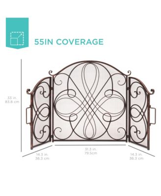 3-Panel 55x33in Wrought Iron Fireplace Safety Screen Decorative Scroll Spark Guard Cover