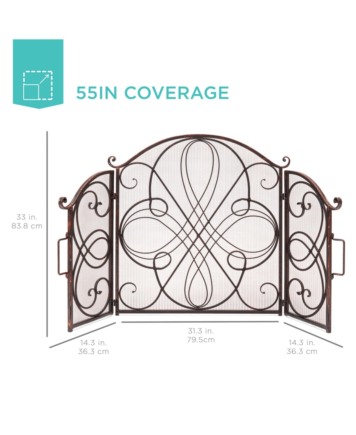 Best Choice Products 3-Panel 55x33in Wrought Iron Fireplace Safety Screen Decorative Scroll Spark Guard Cover
