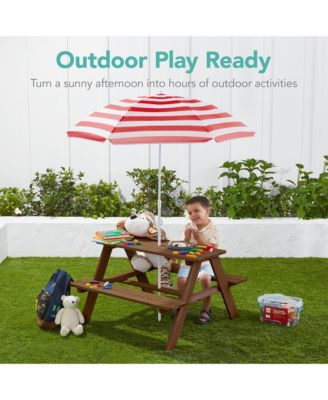 Kids Wooden Picnic Table, Outdoor Activity Table w/ Adjustable Umbrella, Seats